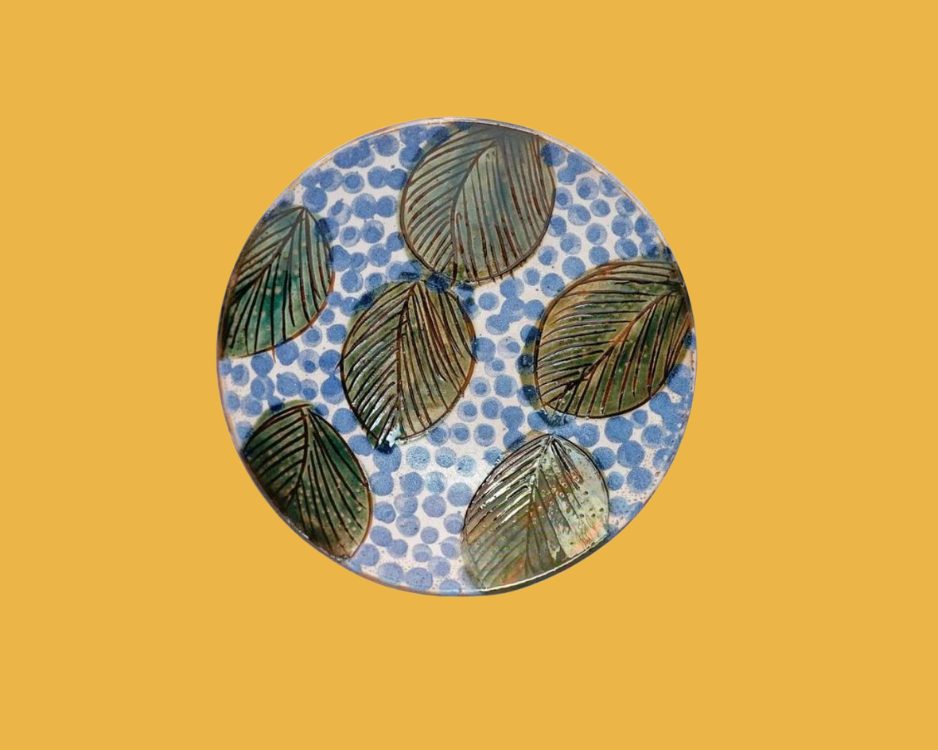Green Leaves Blue Dessert Plate