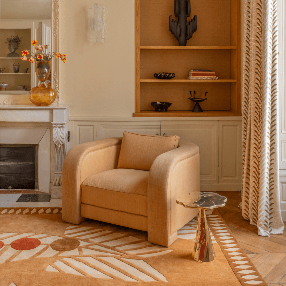 TheInvisibleCollection_Laclaux_Matcha_Armchair_curry_Dahlia_Side_Table_insitu